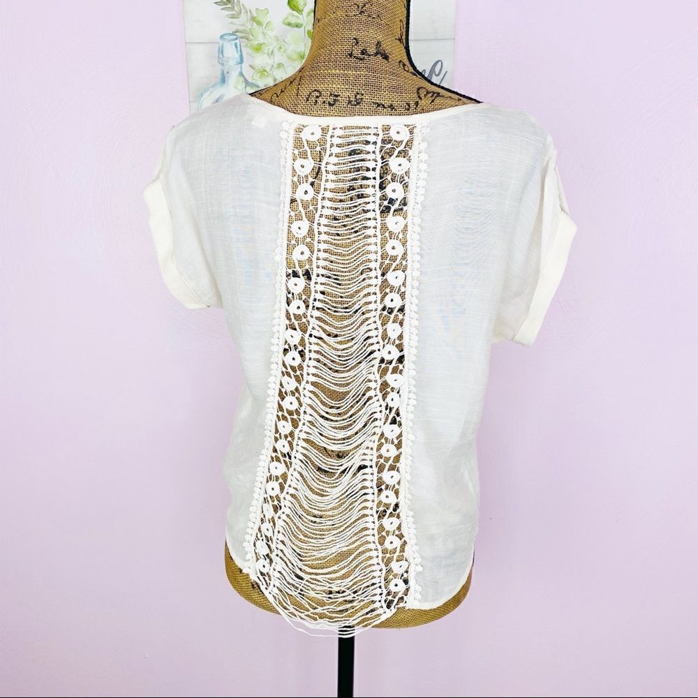 Mine Sheer Boho Lace Ladder Back Cuffed‎ Cap Sleeve Crop Top Cream Small